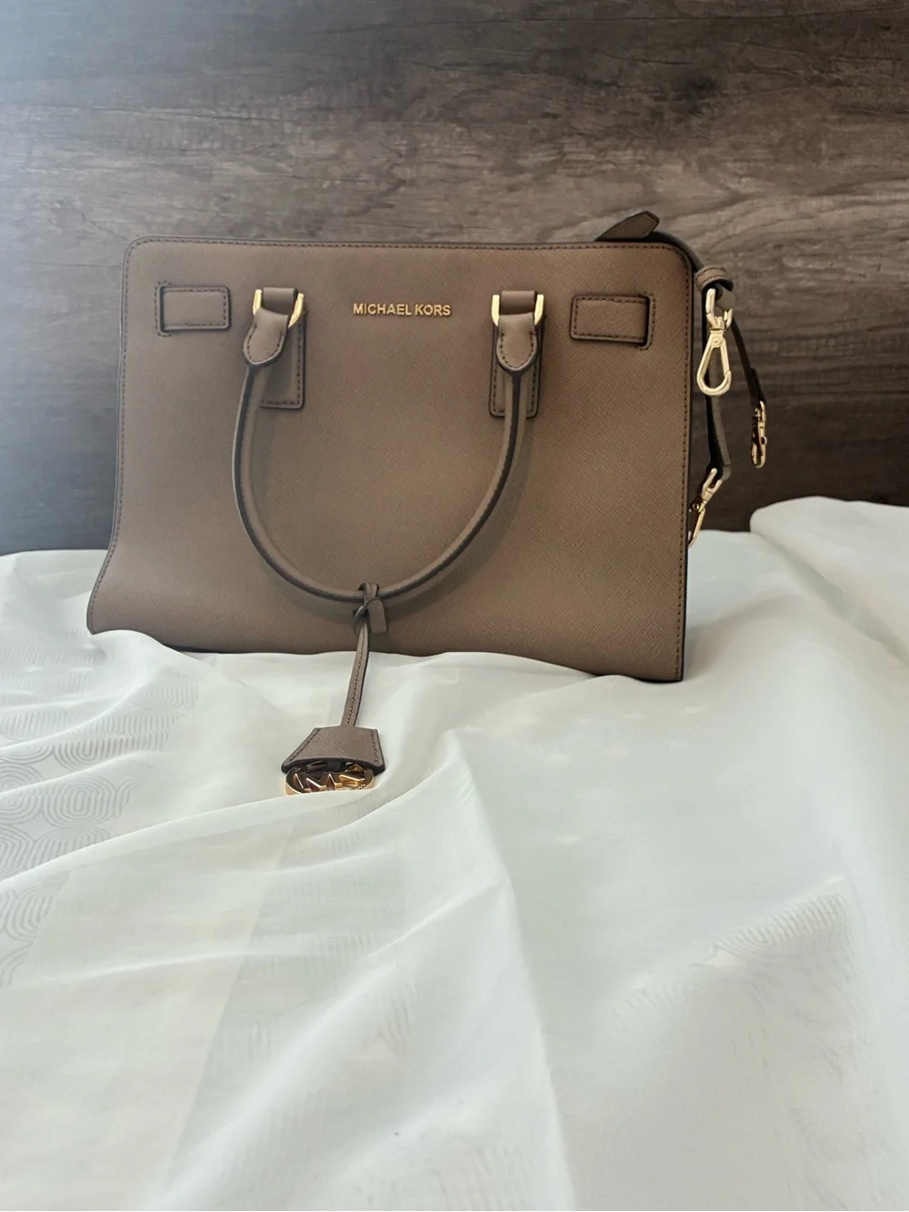 Michael Kors Brown Saffiano Leather Satchel with Gold Hardware